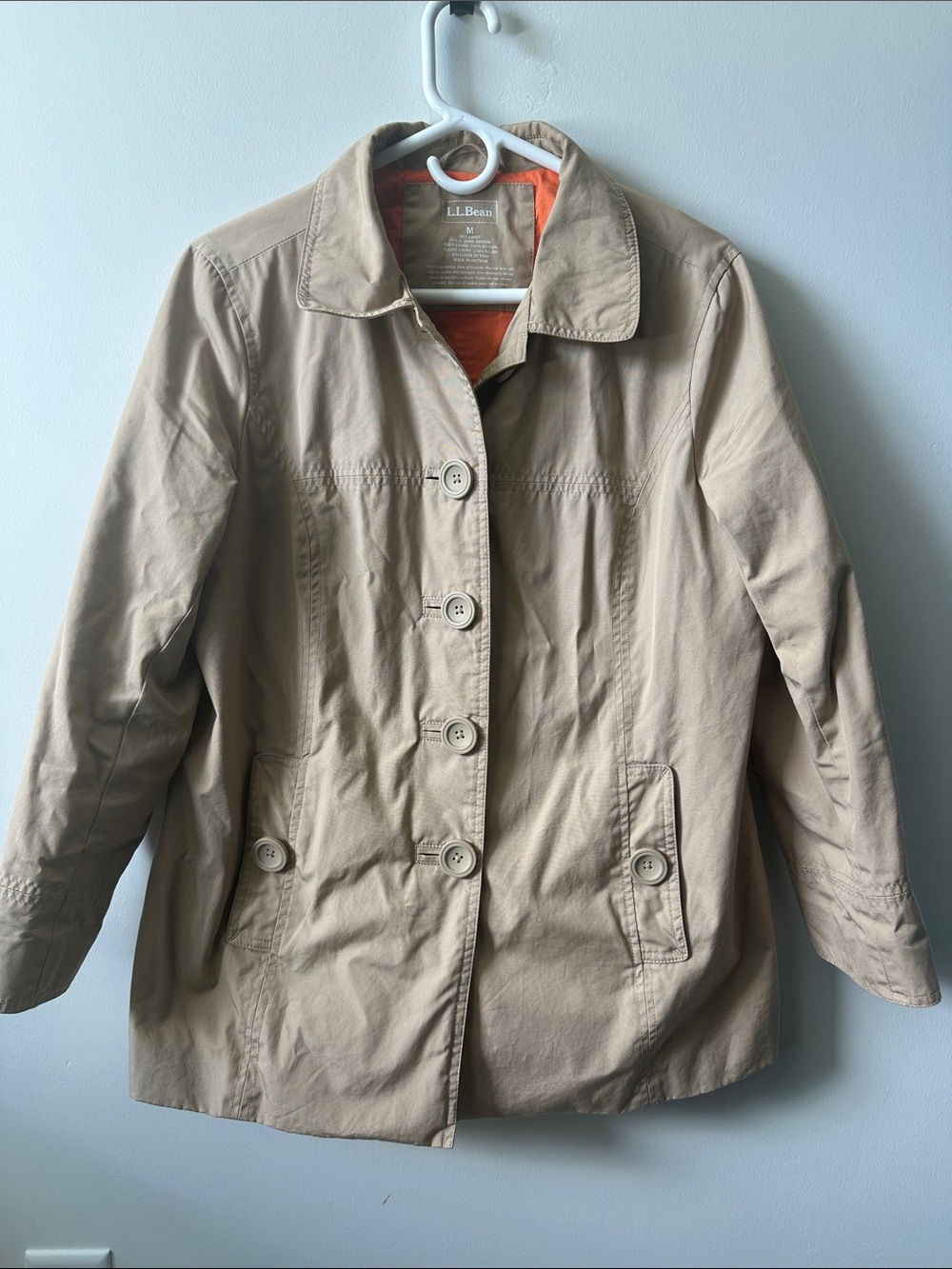 L.L. BEAN Women's Khaki Trench Rain Coat with Orange Lining